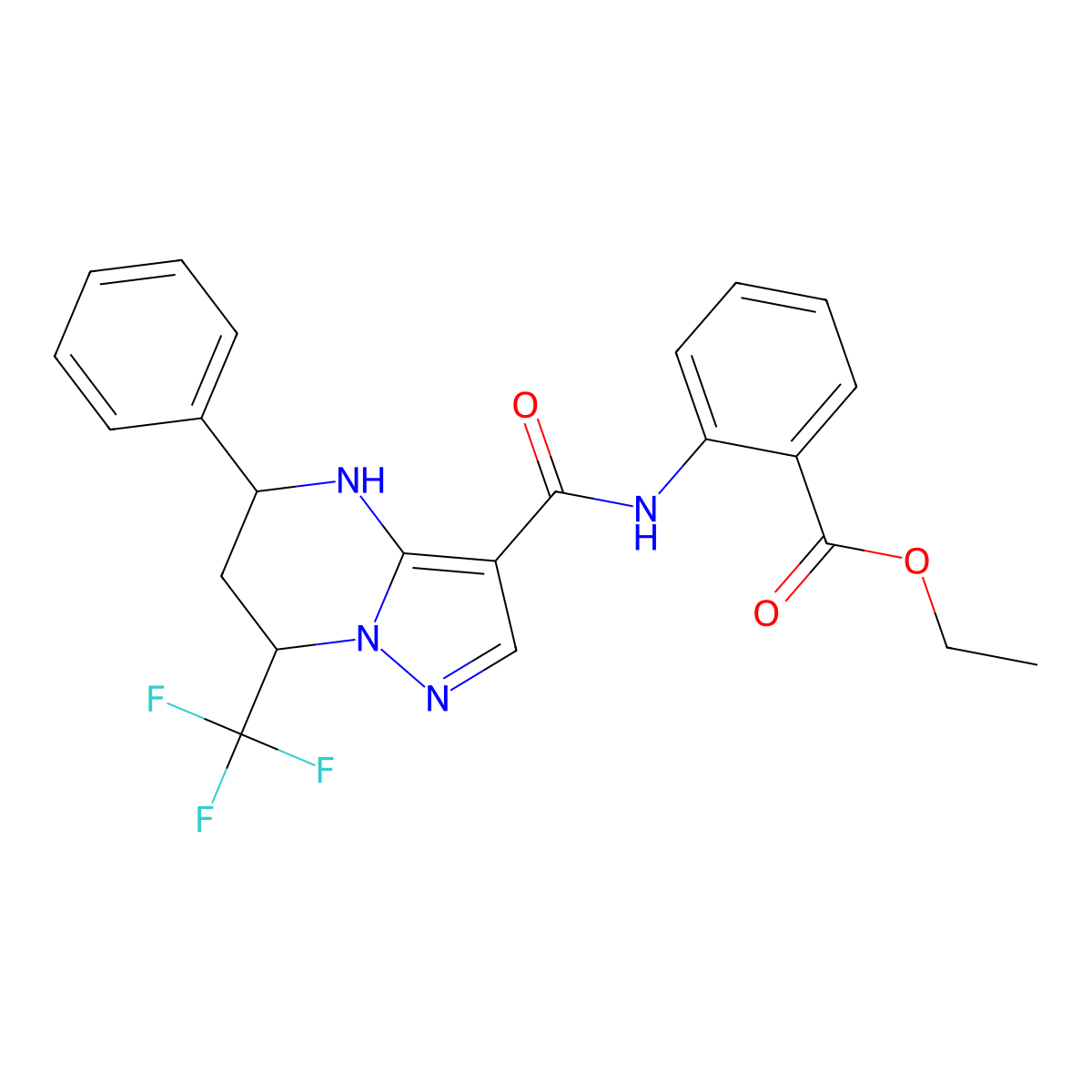 Ethyl2-({[5-phenyl-7-(trifluoromethyl)-4,5,6,7-tetrahydropyrazolo[1,5-a]pyrimidin-3-yl]carbonyl}amino)benzoate molecular structure, CAS 351438-85-2