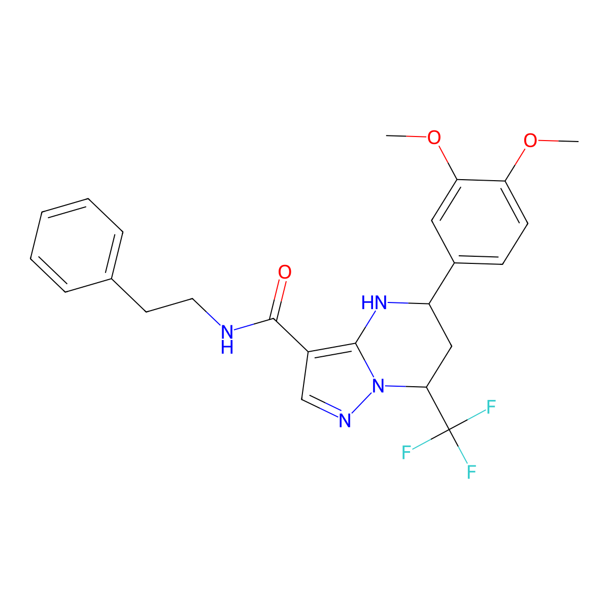 5-(3,4-dimethoxyphenyl)-N-(2-phenylethyl)-7-(trifluoromethyl)-4,5,6,7-tetrahydropyrazolo[1,5-a]pyrimidine-3-carboxamide molecular structure, CAS 351439-11-7