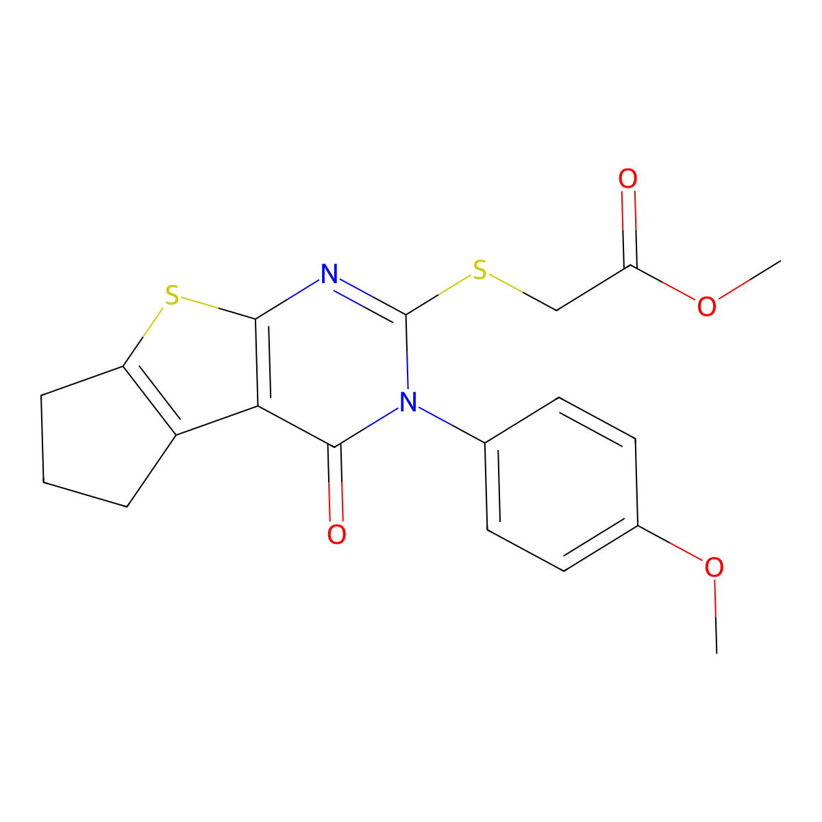 methyl 2-[[2-(4-methoxyphenyl)-1-oxo-7,8-dihydro-6H-cyclopenta[2,3]thieno[2,4-b]pyrimidin-3-yl]sulfanyl]acetate molecular structure, CAS 351440-68-1