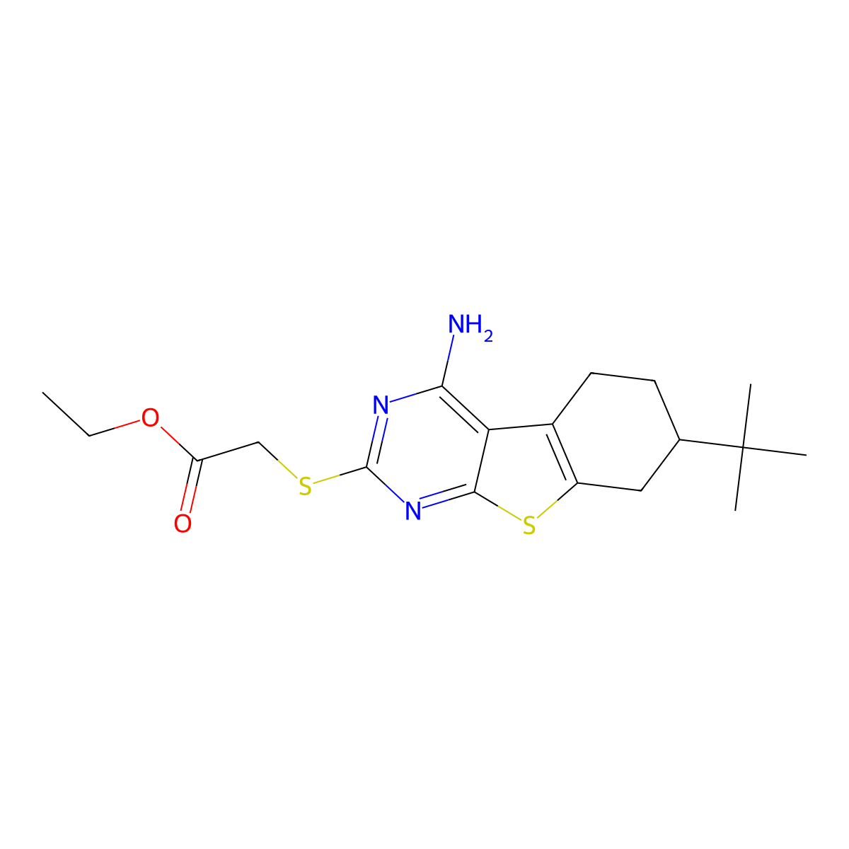 Ethyl [(4-amino-7-tert-butyl-5,6,7,8-tetrahydro[1]benzothieno[2,3-d]pyrimidin-2-yl)sulfanyl]acetate molecular structure, CAS 351440-70-5