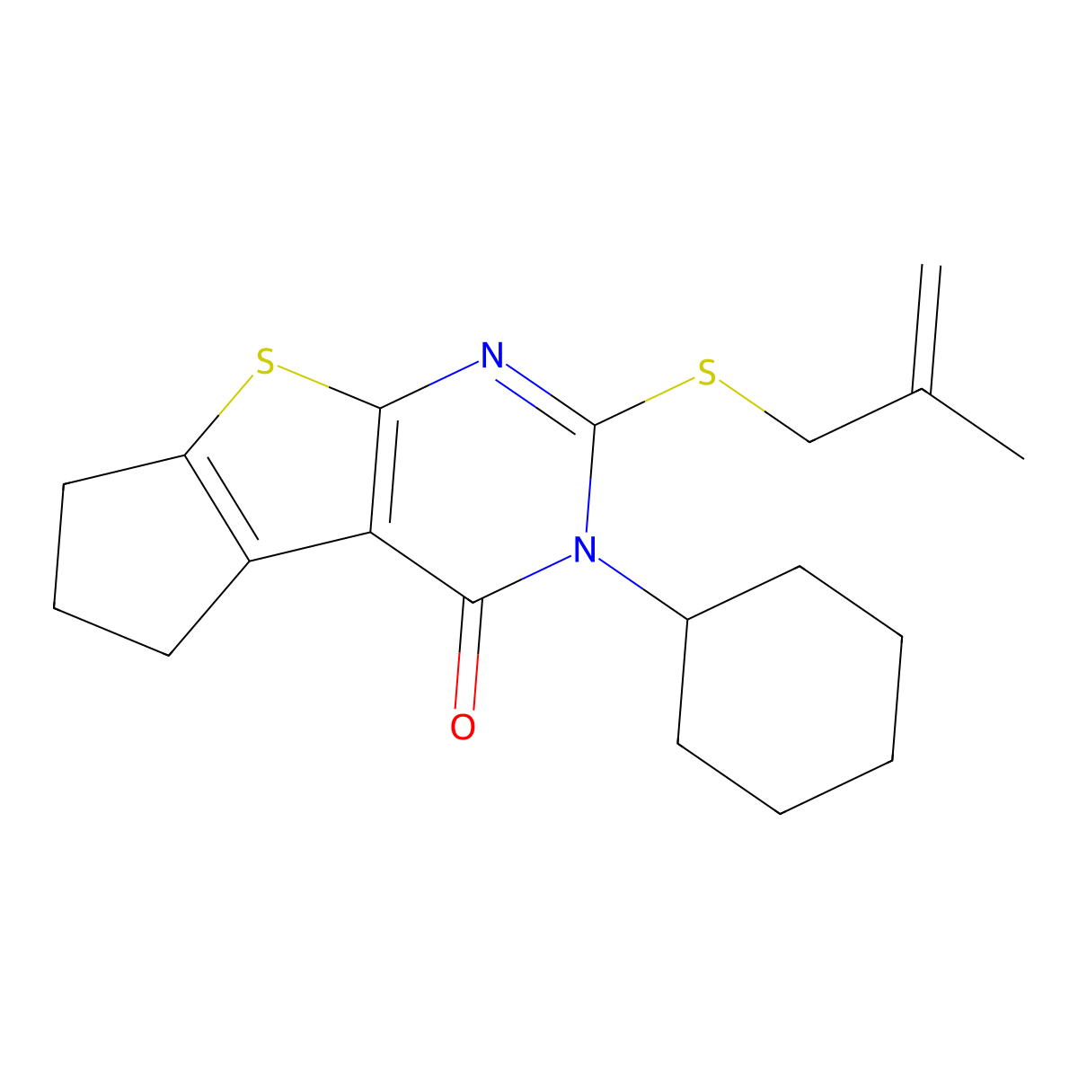 2-cyclohexyl-3-(2-methylprop-2-enylsulfanyl)-7,8-dihydro-6H-cyclopenta[2,3]thieno[2,4-b]pyrimidin-1-one molecular structure, CAS 351440-75-0