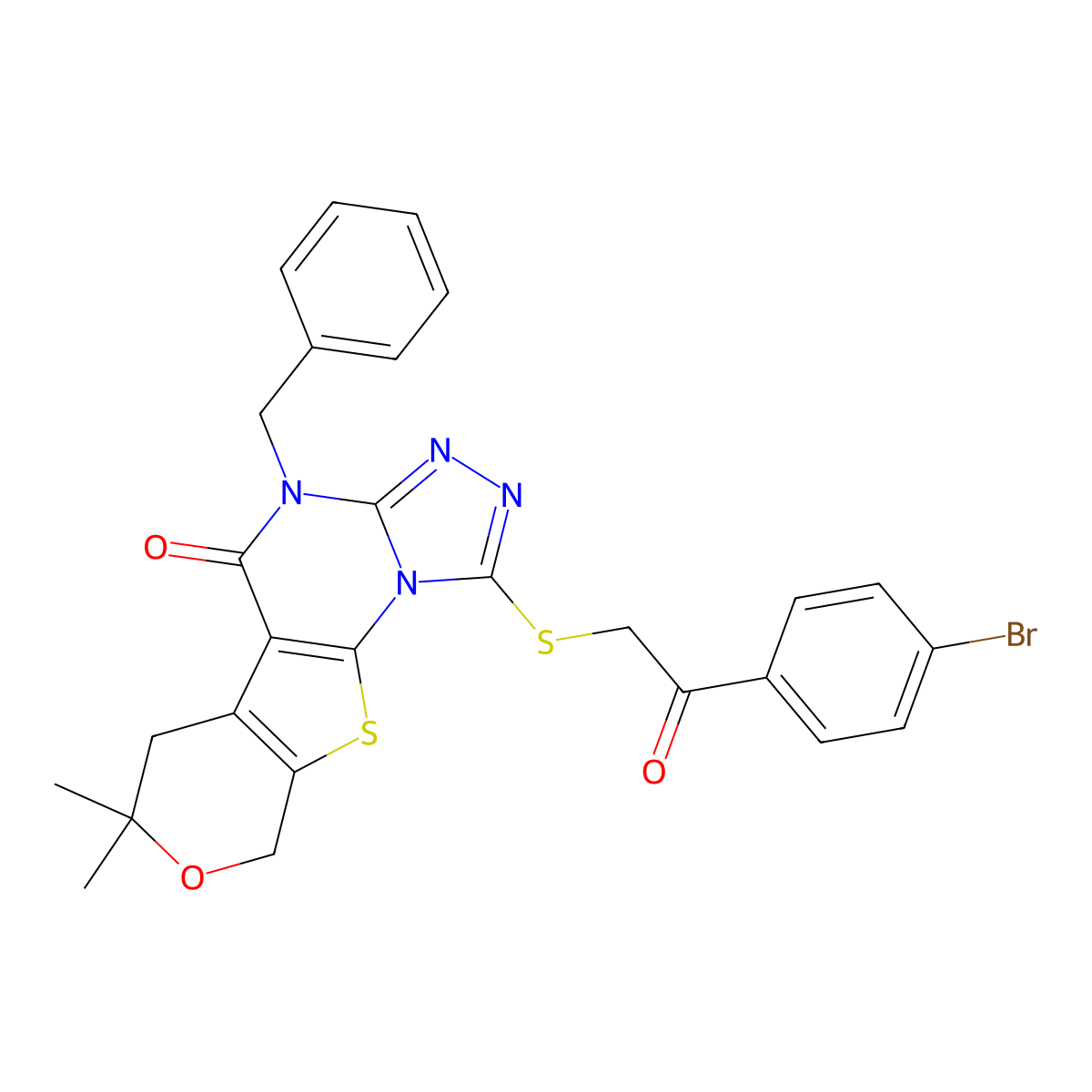 4-benzyl-1-((2-(4-bromophenyl)-2-oxoethyl)thio)-7,7-dimethyl-6,7-dihydro-4H-pyrano[4',3':4,5]thieno[3,2-e][1,2,4]triazolo[4,3-a]pyrimidin-5(9H)-one molecular structure, CAS 351440-78-3
