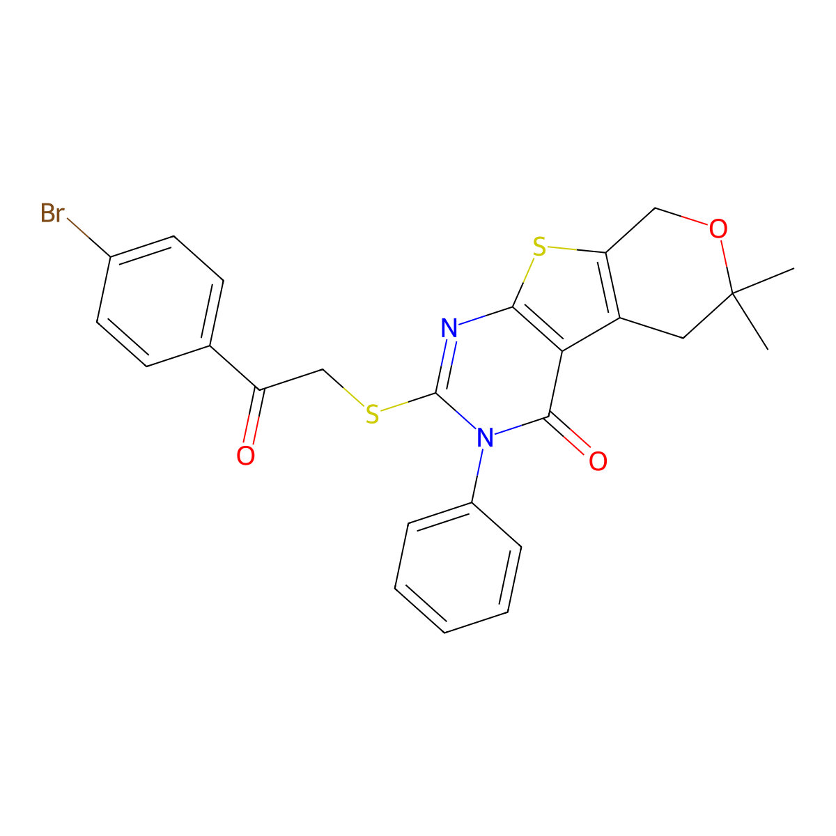 2-{[2-(4-bromophenyl)-2-oxoethyl]sulfanyl}-6,6-dimethyl-3-phenyl-3,5,6,8-tetrahydro-4H-pyrano[4',3':4,5]thieno[2,3-d]pyrimidin-4-one molecular structure, CAS 351440-86-3