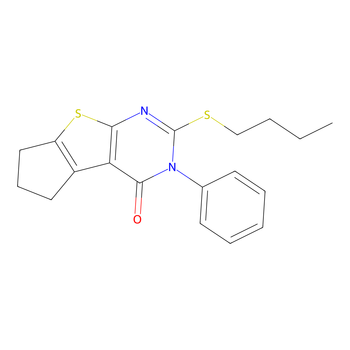 2-(butylsulfanyl)-3-phenyl-3,5,6,7-tetrahydro-4H-cyclopenta[4,5]thieno[2,3-d]pyrimidin-4-one molecular structure, CAS 351440-91-0
