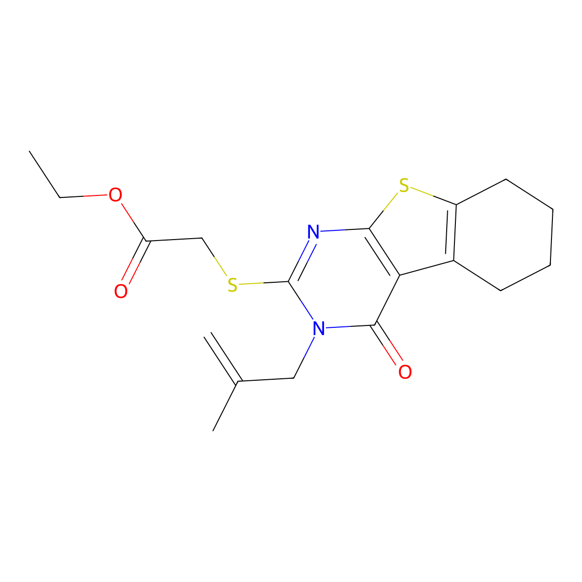 Ethyl 2-[[3-(2-methylprop-2-enyl)-4-oxo-5,6,7,8-tetrahydro-[1]benzothiolo[2,3-d]pyrimidin-2-yl]sulfanyl]acetate molecular structure, CAS 351440-96-5