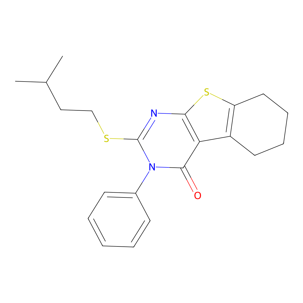 2-(isopentylsulfanyl)-3-phenyl-5,6,7,8-tetrahydro[1]benzothieno[2,3-d]pyrimidin-4(3H)-one molecular structure, CAS 351441-03-7