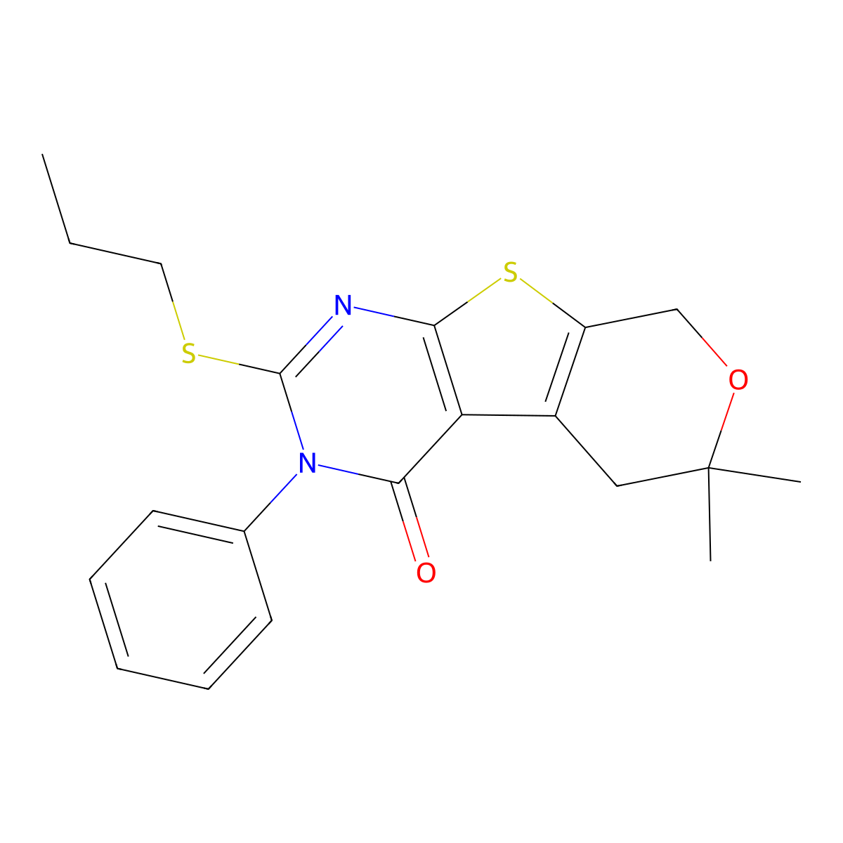 6,6-dimethyl-3-phenyl-2-(propylsulfanyl)-3,5,6,8-tetrahydro-4H-pyrano[4',3':4,5]thieno[2,3-d]pyrimidin-4-one molecular structure, CAS 351441-09-3