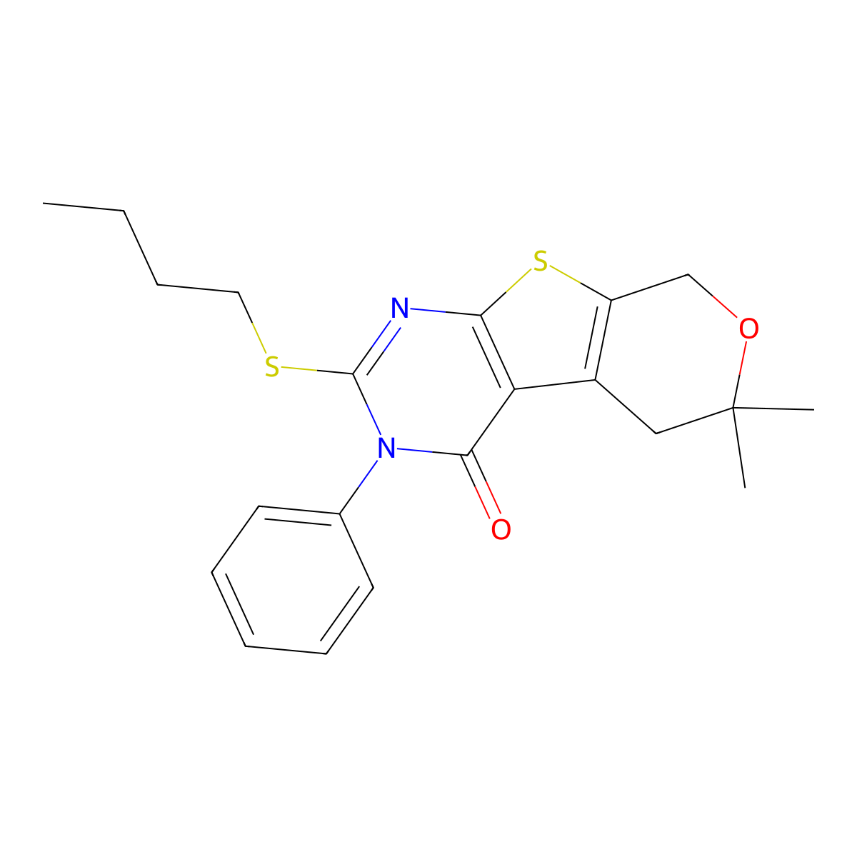 2-(butylsulfanyl)-6,6-dimethyl-3-phenyl-3,5,6,8-tetrahydro-4H-pyrano[4',3':4,5]thieno[2,3-d]pyrimidin-4-one molecular structure, CAS 351441-10-6