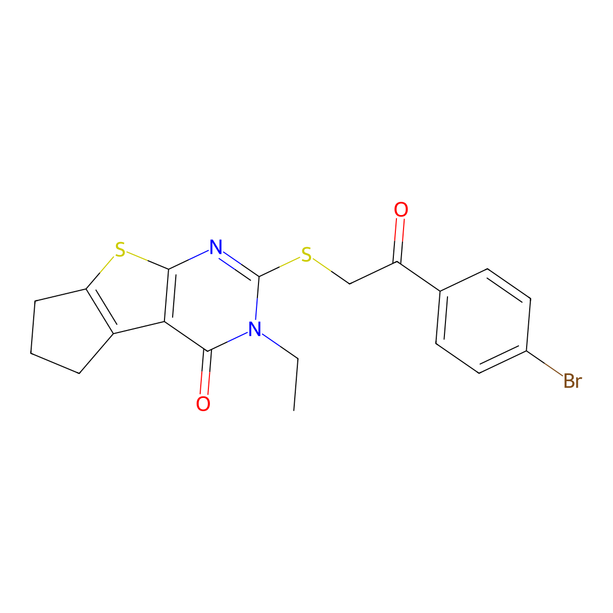 2-{[2-(4-bromophenyl)-2-oxoethyl]sulfanyl}-3-ethyl-3,5,6,7-tetrahydro-4H-cyclopenta[4,5]thieno[2,3-d]pyrimidin-4-one molecular structure, CAS 351441-21-9