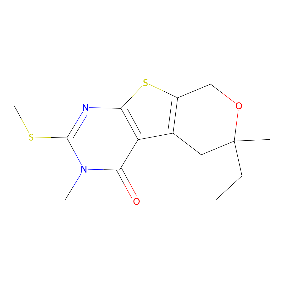 6-ethyl-3,6-dimethyl-2-(methylsulfanyl)-3,5,6,8-tetrahydro-4H-pyrano[4',3':4,5]thieno[2,3-d]pyrimidin-4-one molecular structure, CAS 351441-24-2