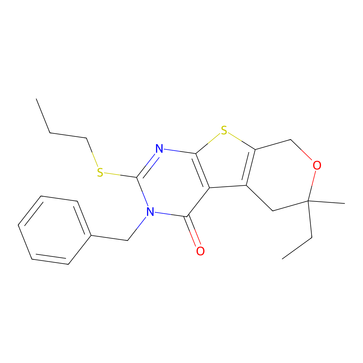 3-benzyl-6-ethyl-6-methyl-2-(propylsulfanyl)-3,5,6,8-tetrahydro-4H-pyrano[4',3':4,5]thieno[2,3-d]pyrimidin-4-one molecular structure, CAS 351441-28-6