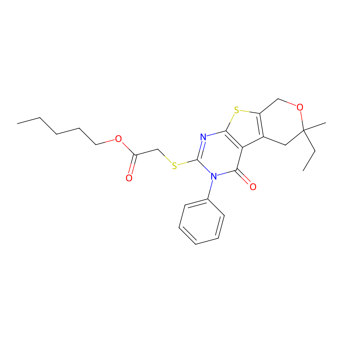 Pentyl 2-[(6-ethyl-6-methyl-4-oxo-3-phenyl-5,8-dihydropyrano[2,3]thieno[2,4-b]pyrimidin-2-yl)sulfanyl]acetate molecular structure, CAS 351441-29-7