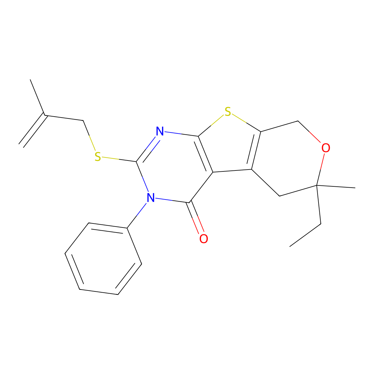 6-Ethyl-6-methyl-2-(2-methylprop-2-enylsulfanyl)-3-phenyl-5,8-dihydropyrano[2,3]thieno[2,4-b]pyrimidin-4-one molecular structure, CAS 351441-30-0