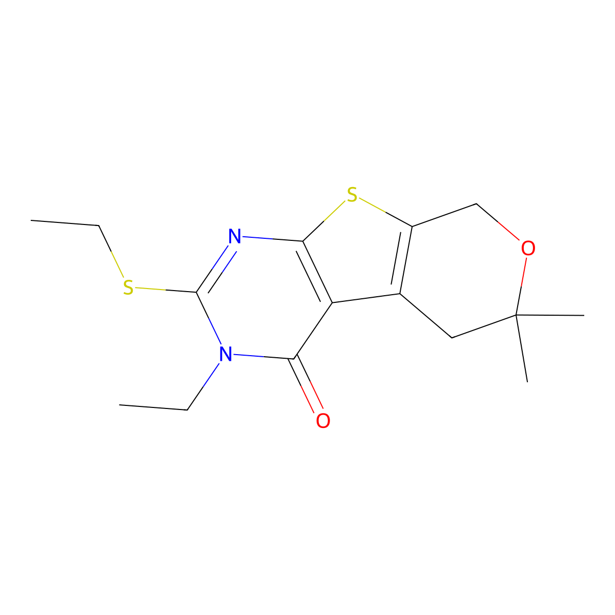 3-ethyl-2-(ethylsulfanyl)-6,6-dimethyl-3,5,6,8-tetrahydro-4H-pyrano[4',3':4,5]thieno[2,3-d]pyrimidin-4-one molecular structure, CAS 351441-31-1