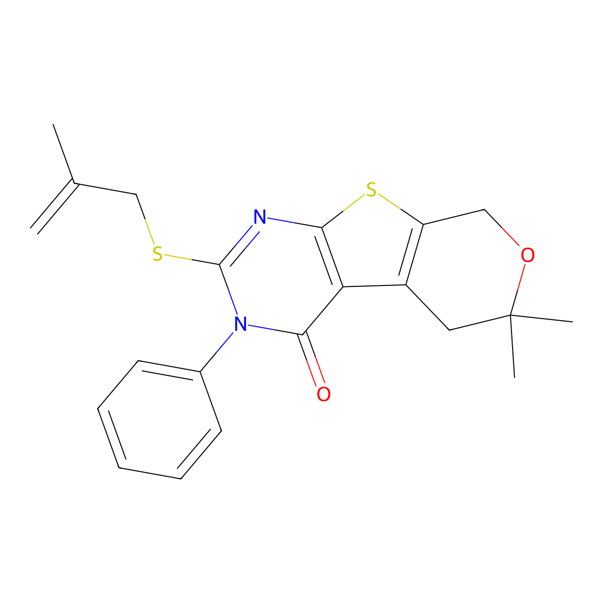 6,6-Dimethyl-2-(2-methylprop-2-enylsulfanyl)-3-phenyl-5,8-dihydropyrano[2,3]thieno[2,4-b]pyrimidin-4-one molecular structure, CAS 351441-32-2