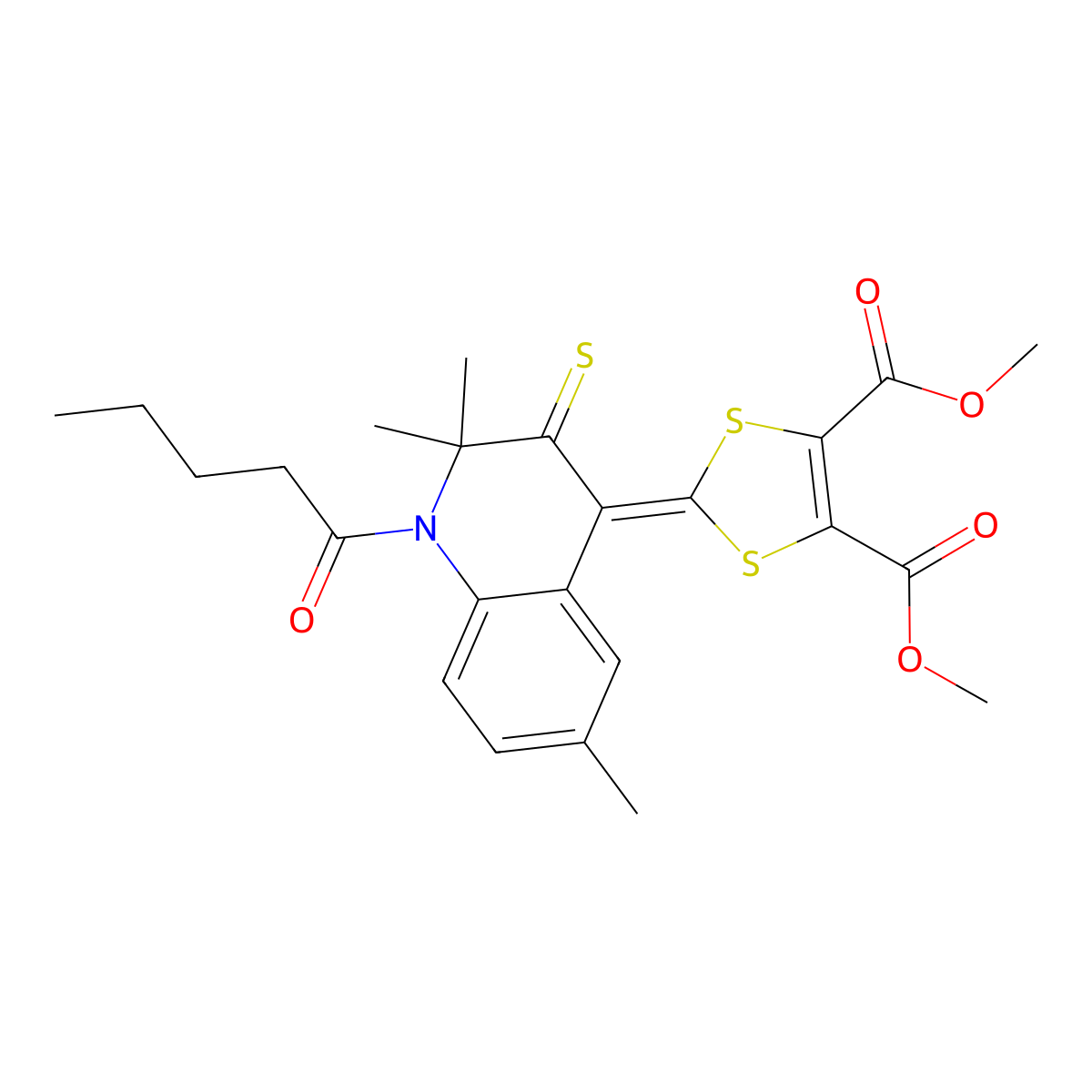 dimethyl 2-(2,2,6-trimethyl-1-pentanoyl-3-thioxo-2,3-dihydroquinolin-4(1H)-ylidene)-1,3-dithiole-4,5-dicarboxylate molecular structure, CAS 351467-79-3