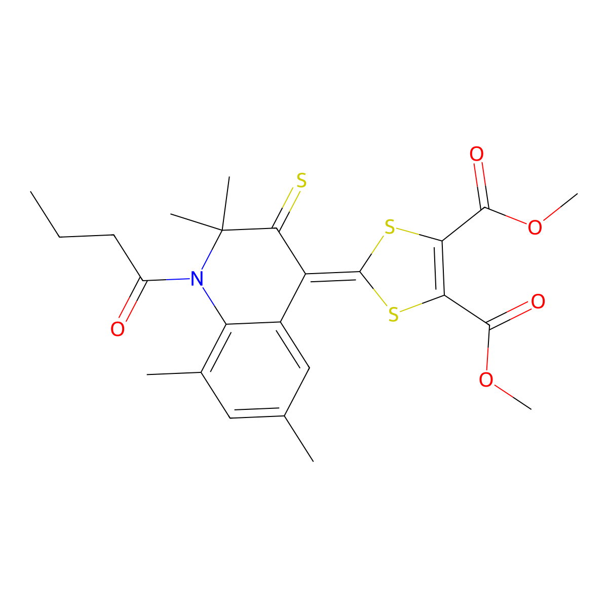 dimethyl 2-(1-butanoyl-2,2,6,8-tetramethyl-3-thioxo-2,3-dihydroquinolin-4(1H)-ylidene)-1,3-dithiole-4,5-dicarboxylate molecular structure, CAS 351467-91-9
