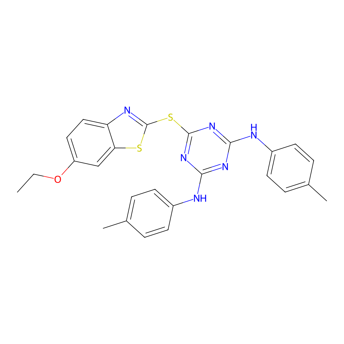6-[(6-ethoxy-1,3-benzothiazol-2-yl)sulfanyl]-N,N'-bis(4-methylphenyl)-1,3,5-triazine-2,4-diamine molecular structure, CAS 351468-72-9