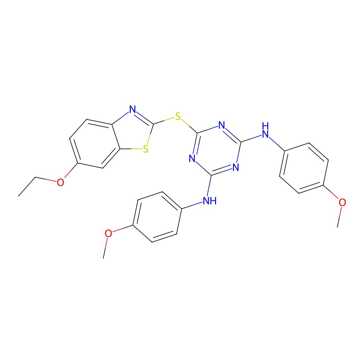 6-[(6-ethoxy-1,3-benzothiazol-2-yl)sulfanyl]-N,N'-bis(4-methoxyphenyl)-1,3,5-triazine-2,4-diamine molecular structure, CAS 351468-76-3