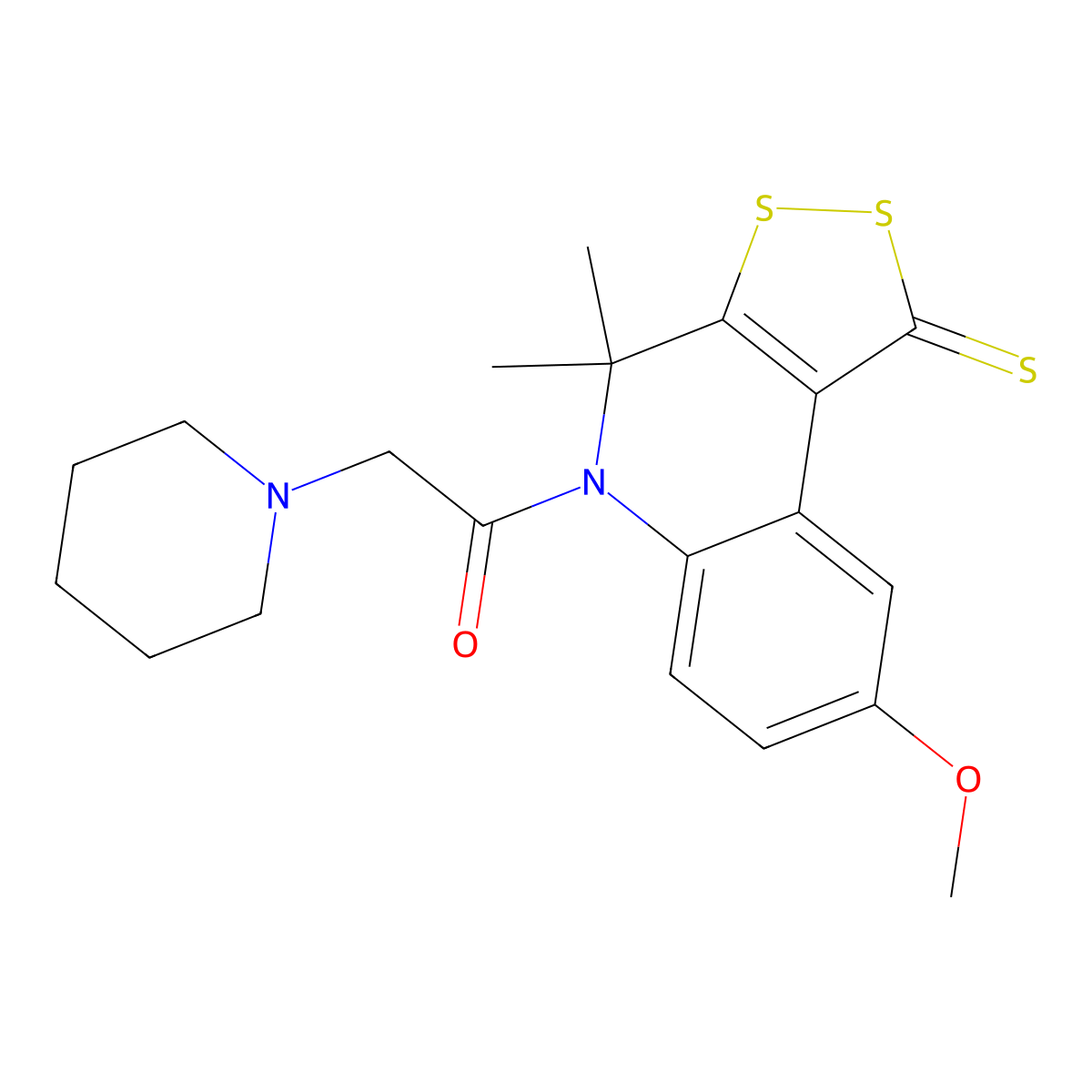 1-(8-methoxy-4,4-dimethyl-1-thioxo-1,4-dihydro-5H-[1,2]dithiolo[3,4-c]quinolin-5-yl)-2-(piperidin-1-yl)ethanone molecular structure, CAS 351469-97-1