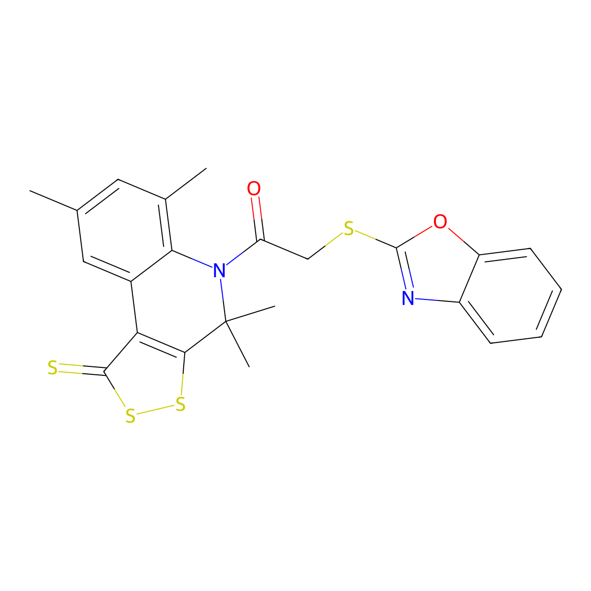 5-[(1,3-benzoxazol-2-ylsulfanyl)acetyl]-4,4,6,8-tetramethyl-4,5-dihydro-1H-[1,2]dithiolo[3,4-c]quinoline-1-thione molecular structure, CAS 351470-00-3