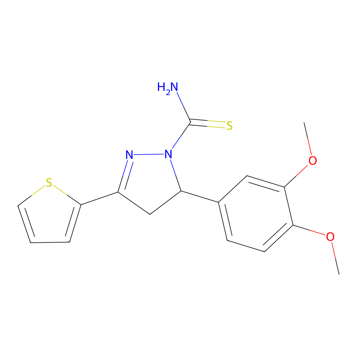 5-(3,4-dimethoxyphenyl)-3-(thiophen-2-yl)-4,5-dihydro-1H-pyrazole-1-carbothioamide molecular structure, CAS 351494-48-9