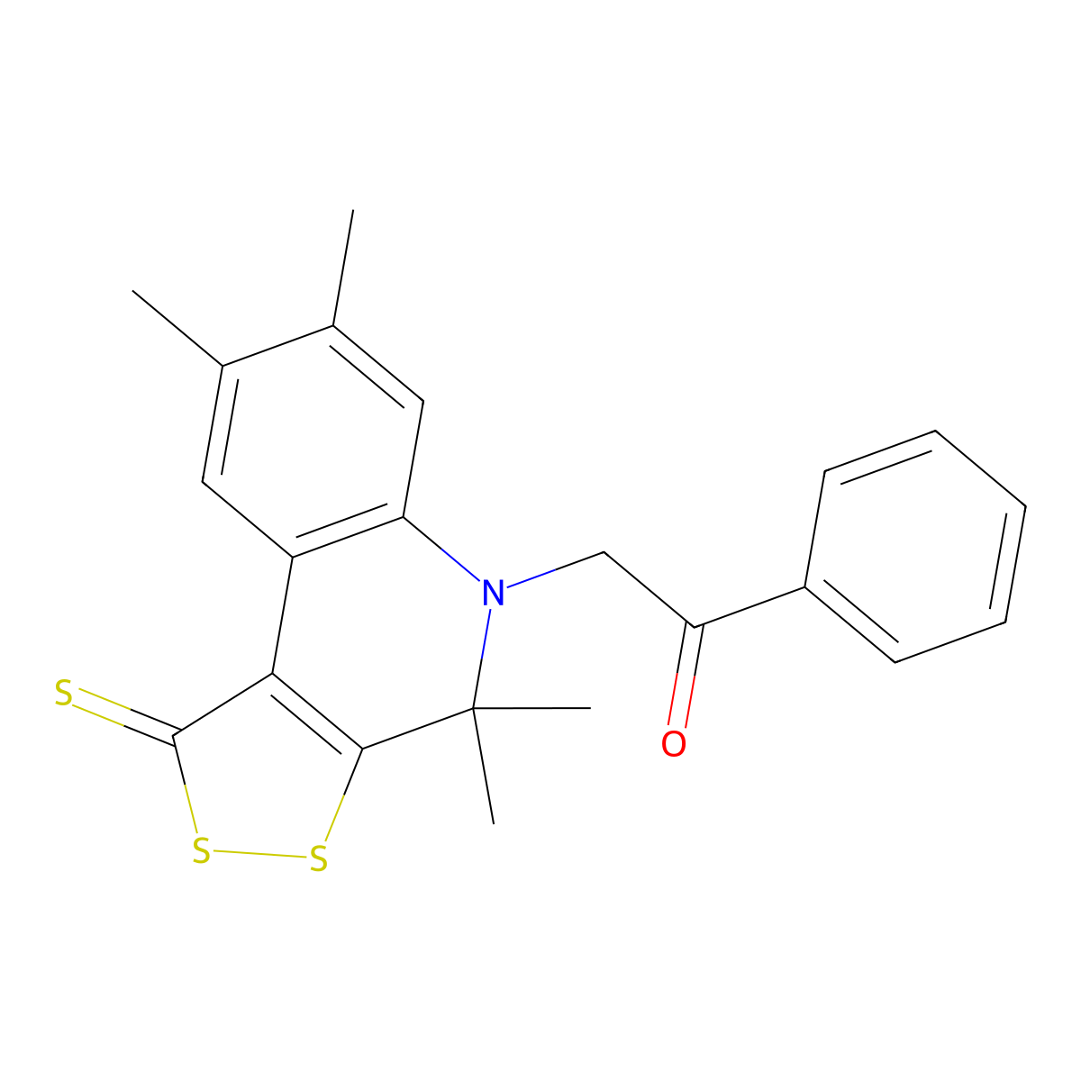 1-Phenyl-2-(4,4,7,8-tetramethyl-1-sulfanylidenedithiolo[3,4-c]quinolin-5-yl)ethanone molecular structure, CAS 351498-47-0