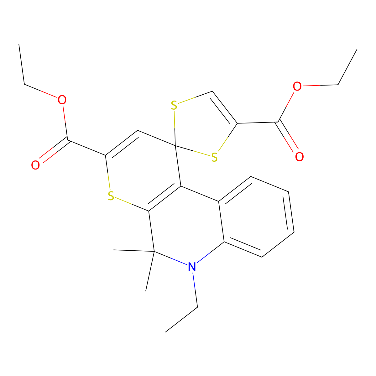 diethyl 6-ethyl-5,5-dimethyl-5,6-dihydrospiro(1H-thiopyrano[2,3-c]quinoline-1,2'-[1,3]-dithiole)-3,4'-dicarboxylate molecular structure, CAS 351498-48-1