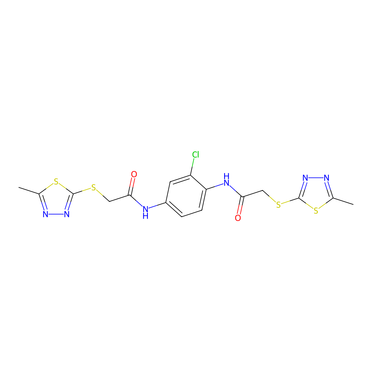 N-[3-chloro-4-[[2-[(5-methyl-1,3,4-thiadiazol-2-yl)sulfanyl]acetyl]amino]phenyl]-2-[(5-methyl-1,3,4-thiadiazol-2-yl)sulfanyl]acetamide molecular structure, CAS 351505-06-1