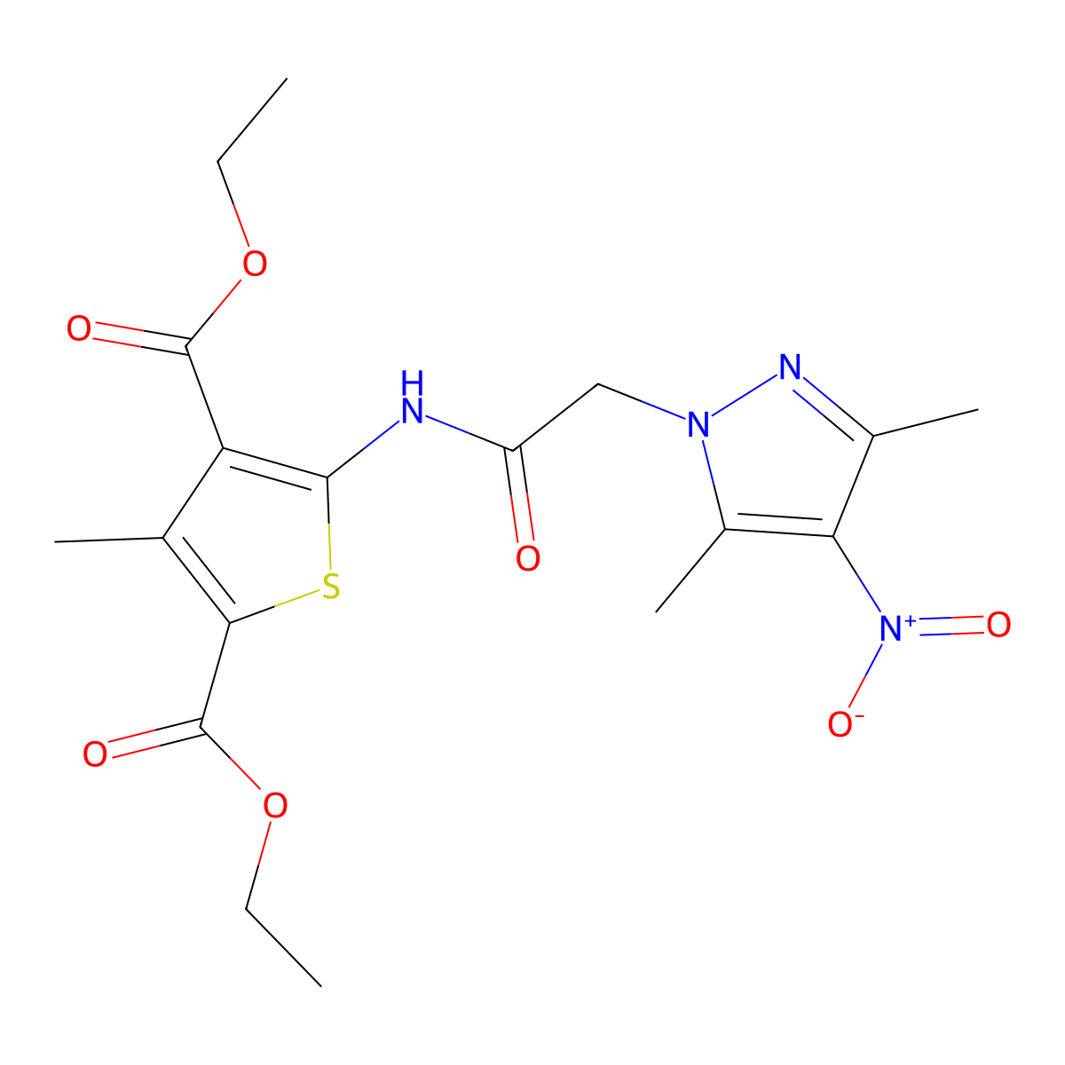 Diethyl 5-[[2-(3,5-dimethyl-4-nitropyrazol-1-yl)acetyl]amino]-3-methylthiophene-2,4-dicarboxylate molecular structure, CAS 351520-64-4