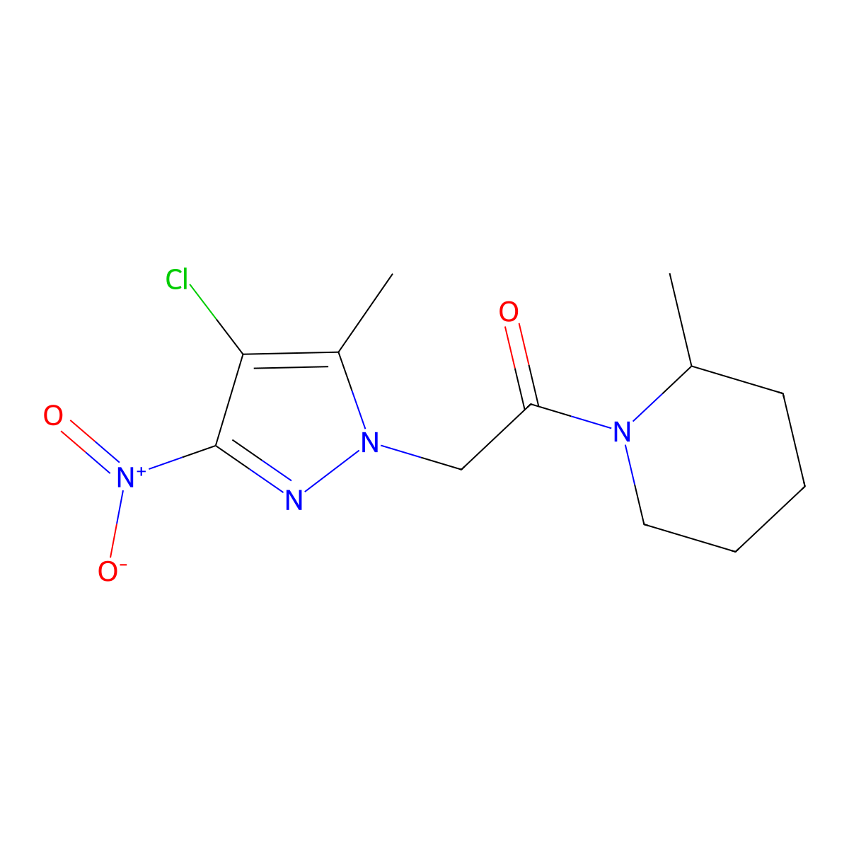 2-(4-chloro-5-methyl-3-nitro-1H-pyrazol-1-yl)-1-(2-methylpiperidin-1-yl)ethanone molecular structure, CAS 351520-88-2