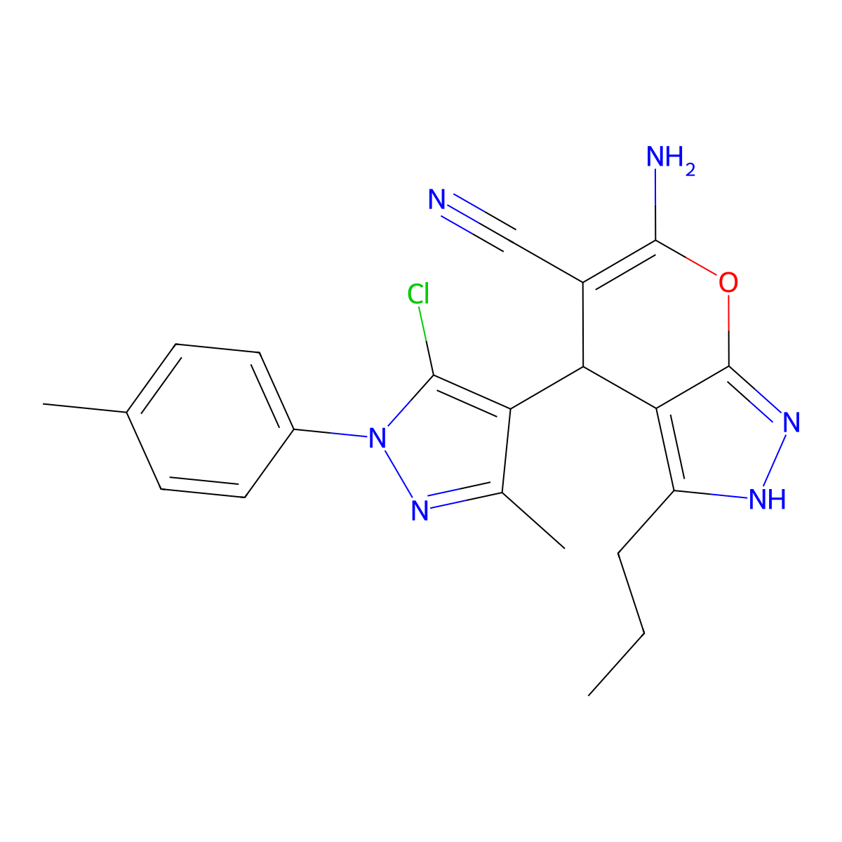 6-amino-4-[5-chloro-3-methyl-1-(4-methylphenyl)-1H-pyrazol-4-yl]-3-propyl-2,4-dihydropyrano[2,3-c]pyrazole-5-carbonitrile molecular structure, CAS 351522-71-9