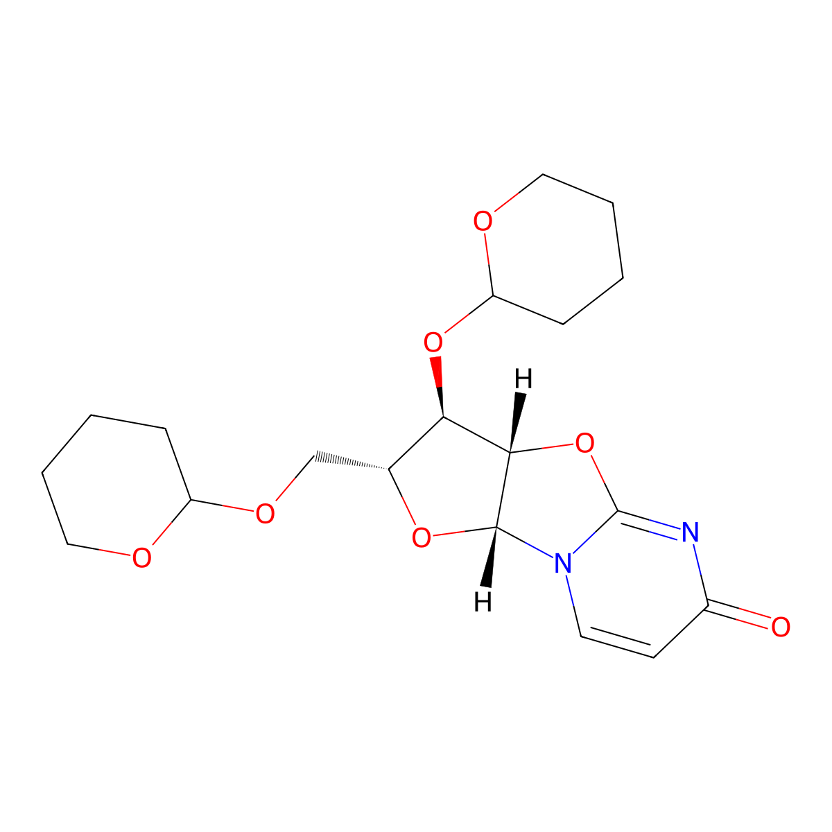 (2R,3R,3AS,9aR)-3-((tetrahydro-2H-pyran-2-yl)oxy)-2-(((tetrahydro-2H-pyran-2-yl)oxy)methyl)-2,3,3a,9a-tetrahydro-6H-furo[2',3':4,5]oxazolo[3,2-a]pyrimidin-6-one molecular structure, CAS 351523-07-4