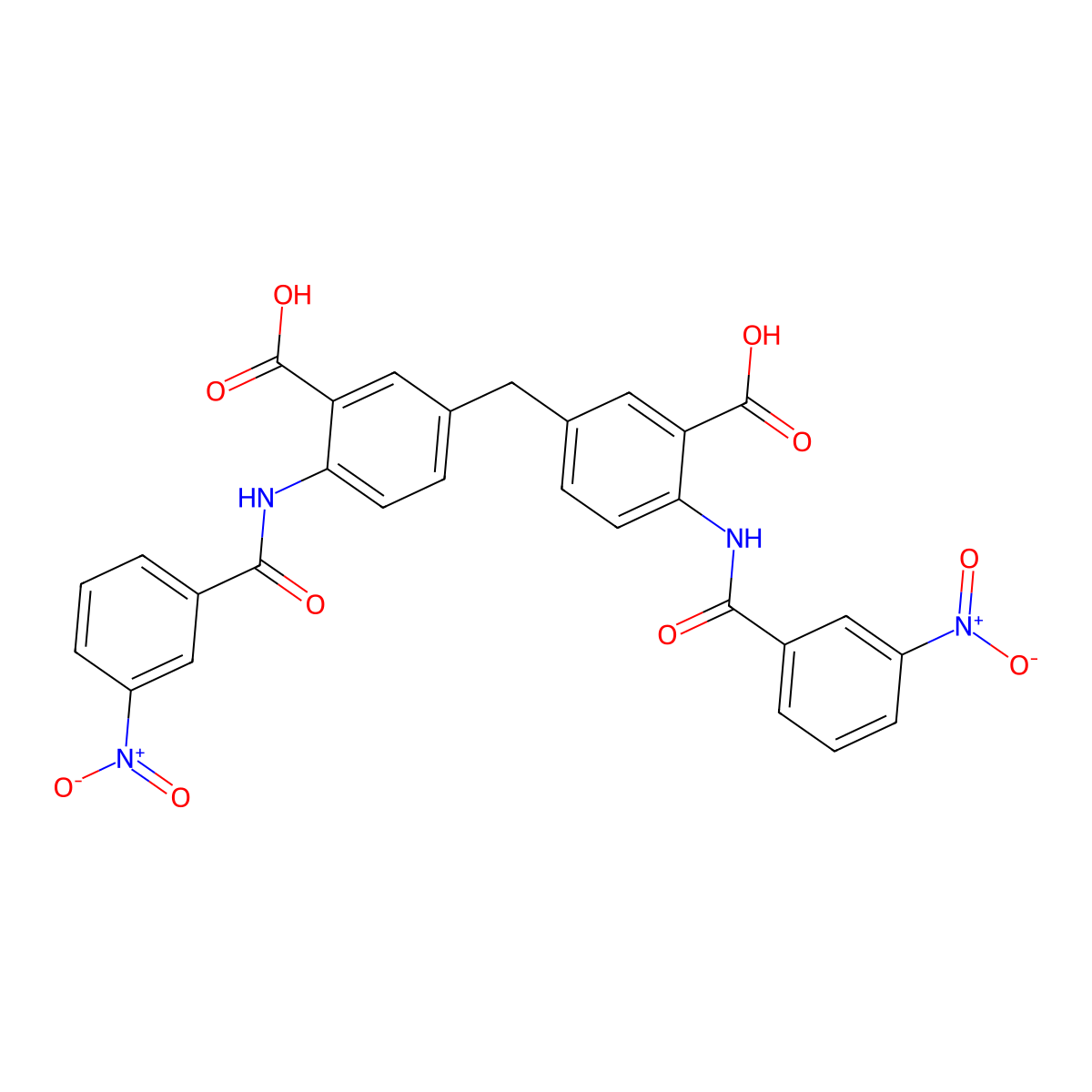 5-[[3-Carboxy-4-[(3-nitrobenzoyl)amino]phenyl]methyl]-2-[(3-nitrobenzoyl)amino]benzoic acid molecular structure, CAS 351891-58-2