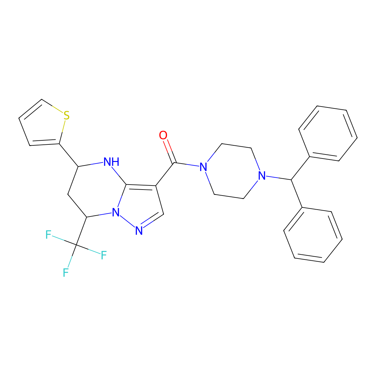 (4-Benzhydrylpiperazino)[5-(2-thienyl)-7-(trifluoromethyl)-4,5,6,7-tetrahydropyrazolo[1,5-a]pyrimidin-3-yl]methanone molecular structure, CAS 351893-73-7