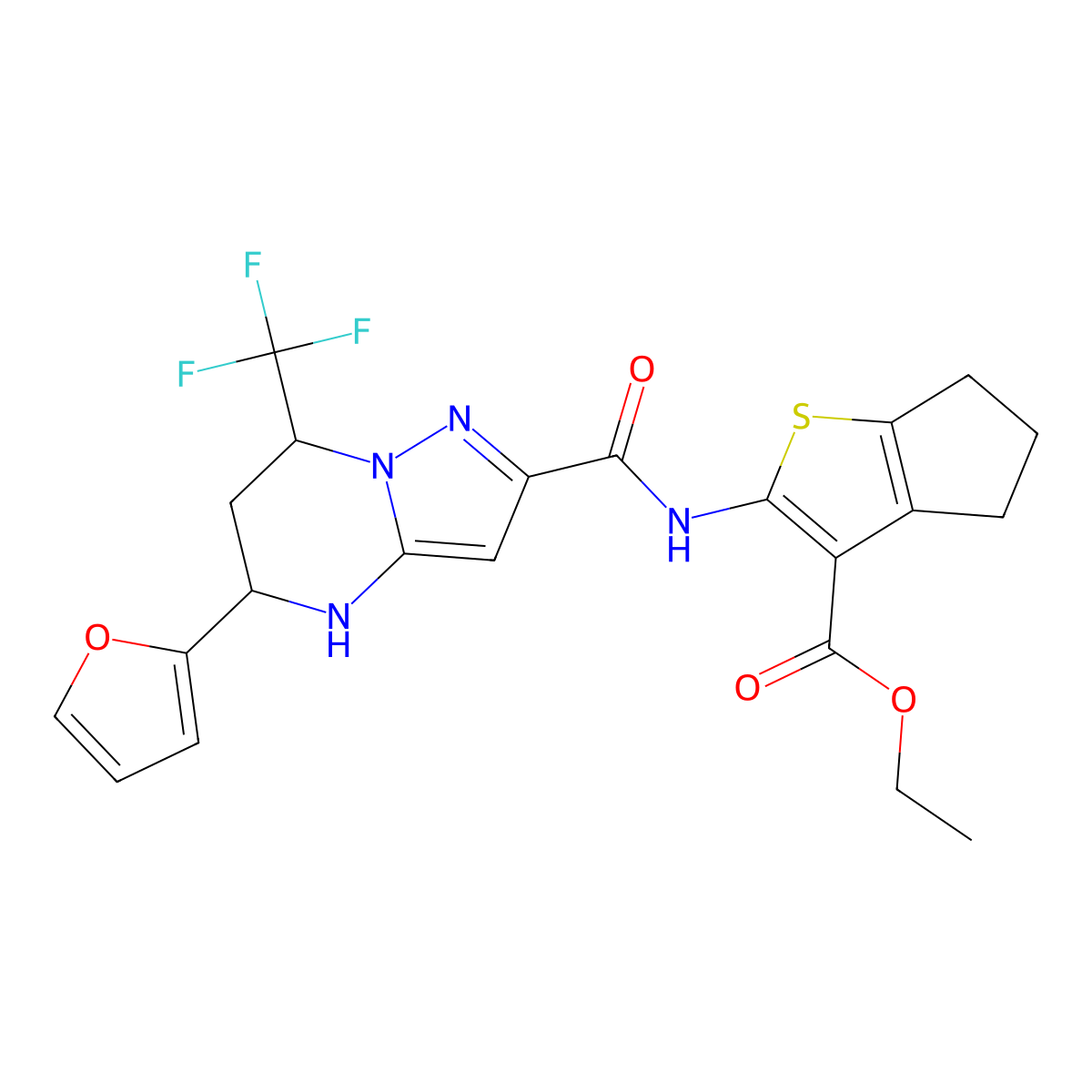 ethyl 2-({[5-(2-furyl)-7-(trifluoromethyl)-4,5,6,7-tetrahydropyrazolo[1,5-a]pyrimidin-2-yl]carbonyl}amino)-5,6-dihydro-4H-cyclopenta[b]thiophene-3-carboxylate molecular structure, CAS 351894-02-5