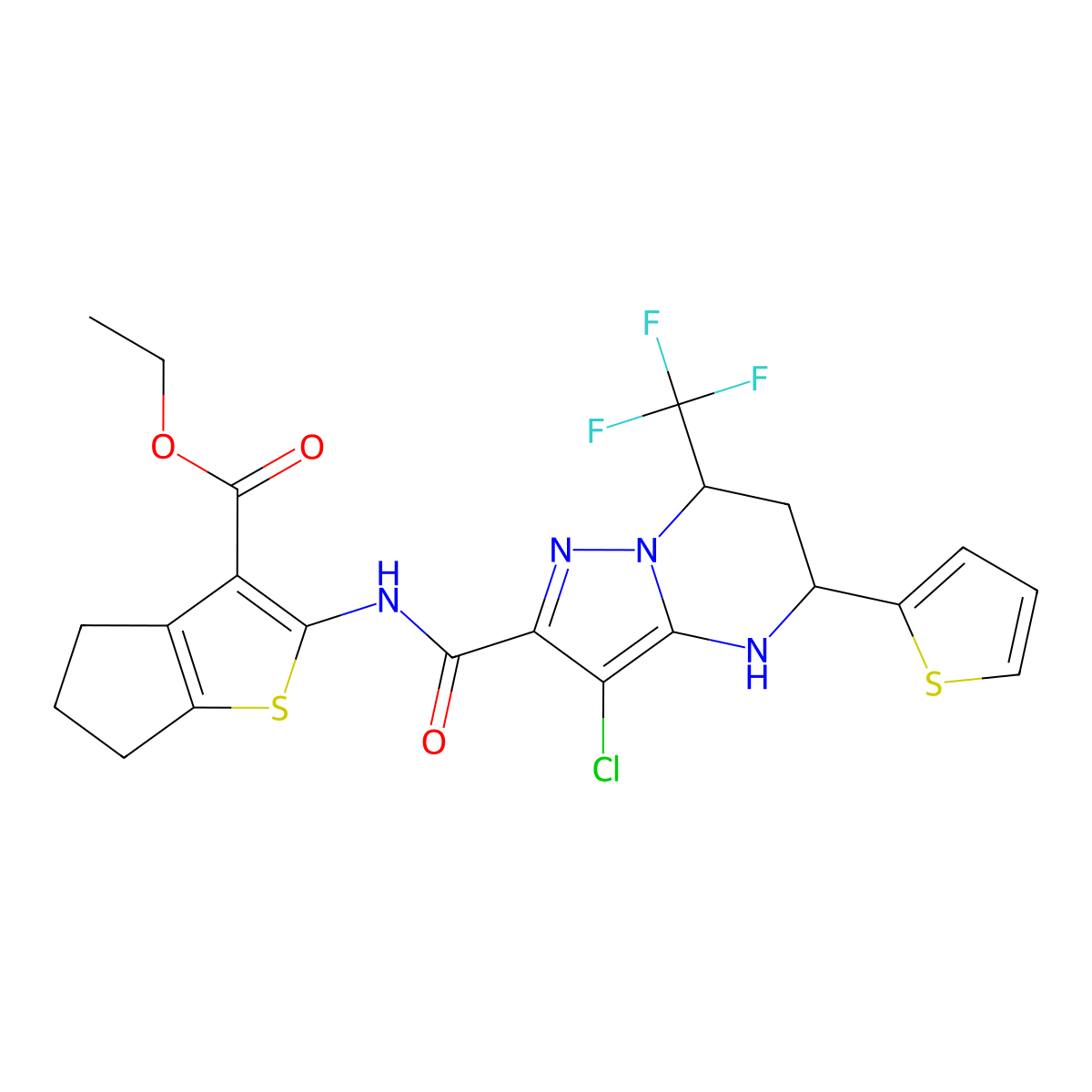 ethyl 2-({[3-chloro-5-(2-thienyl)-7-(trifluoromethyl)-4,5,6,7-tetrahydropyrazolo[1,5-a]pyrimidin-2-yl]carbonyl}amino)-5,6-dihydro-4H-cyclopenta[b]thiophene-3-carboxylate molecular structure, CAS 351894-13-8