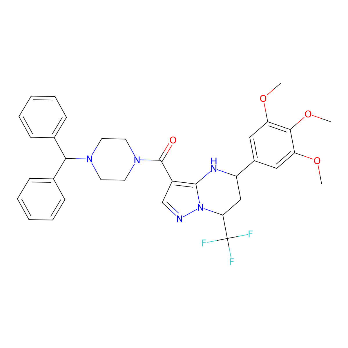 (4-Benzhydrylpiperazin-1-yl)(7-(trifluoromethyl)-5-(3,4,5-trimethoxyphenyl)-4,5,6,7-tetrahydropyrazolo[1,5-a]pyrimidin-3-yl)methanone molecular structure, CAS 351894-54-7