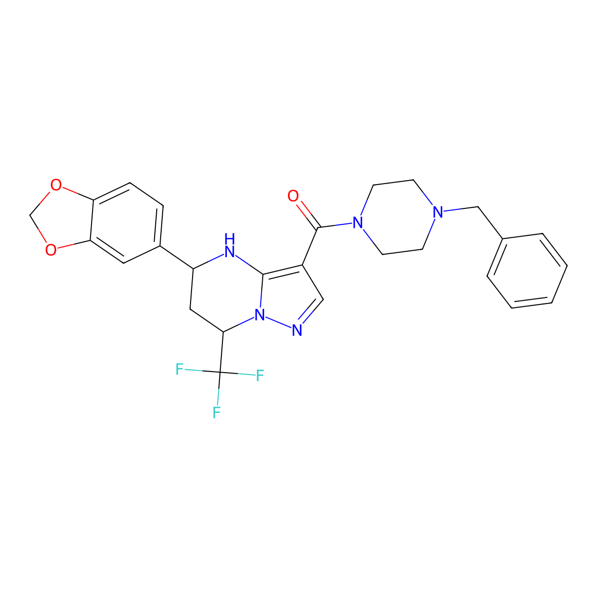 (5-(Benzo[d][1,3]dioxol-5-yl)-7-(trifluoromethyl)-4,5,6,7-tetrahydropyrazolo[1,5-a]pyrimidin-3-yl)(4-benzylpiperazin-1-yl)methanone molecular structure, CAS 351894-62-7