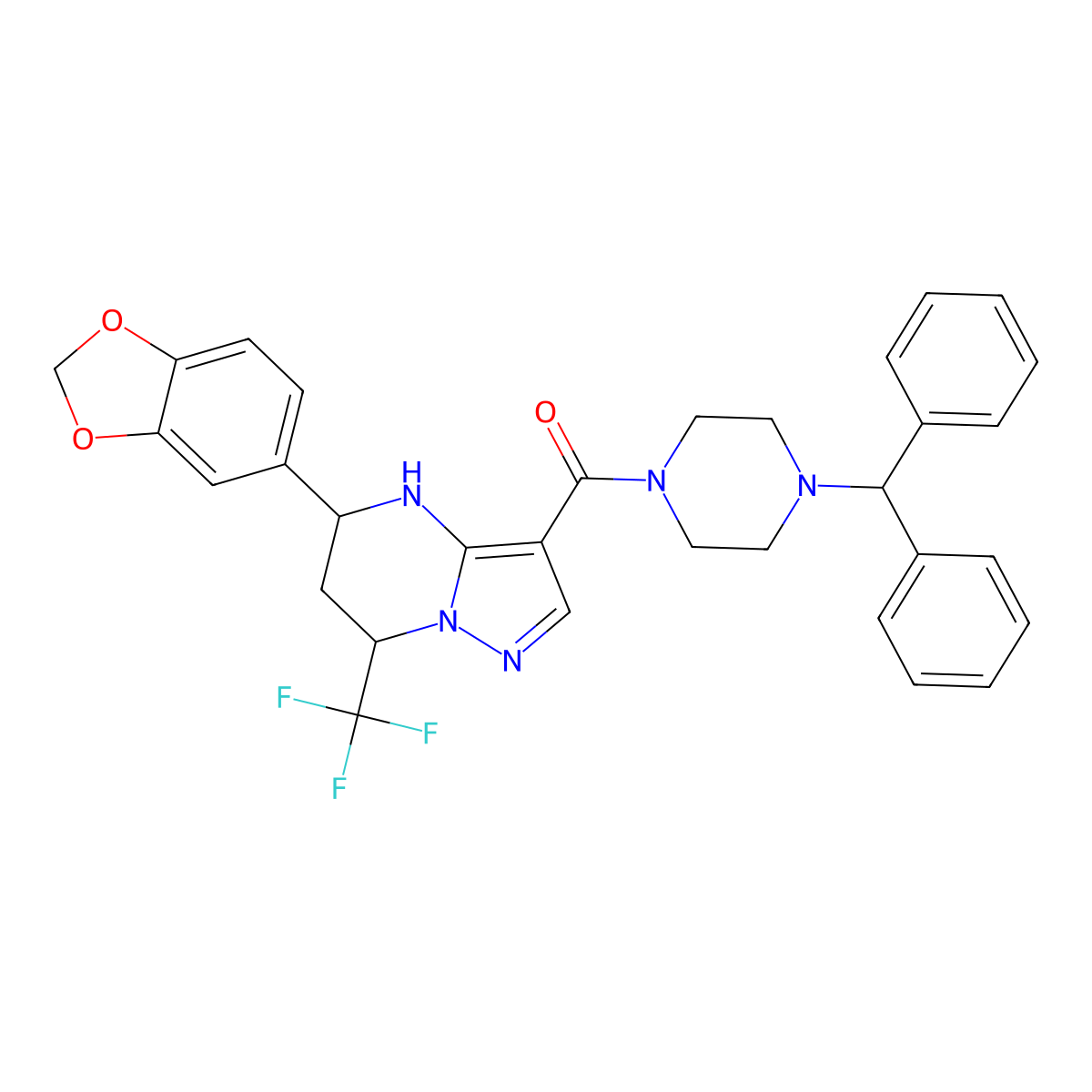 (4-Benzhydrylpiperazin-1-yl)(5-(benzo[d][1,3]dioxol-5-yl)-7-(trifluoromethyl)-4,5,6,7-tetrahydropyrazolo[1,5-a]pyrimidin-3-yl)methanone molecular structure, CAS 351894-65-0