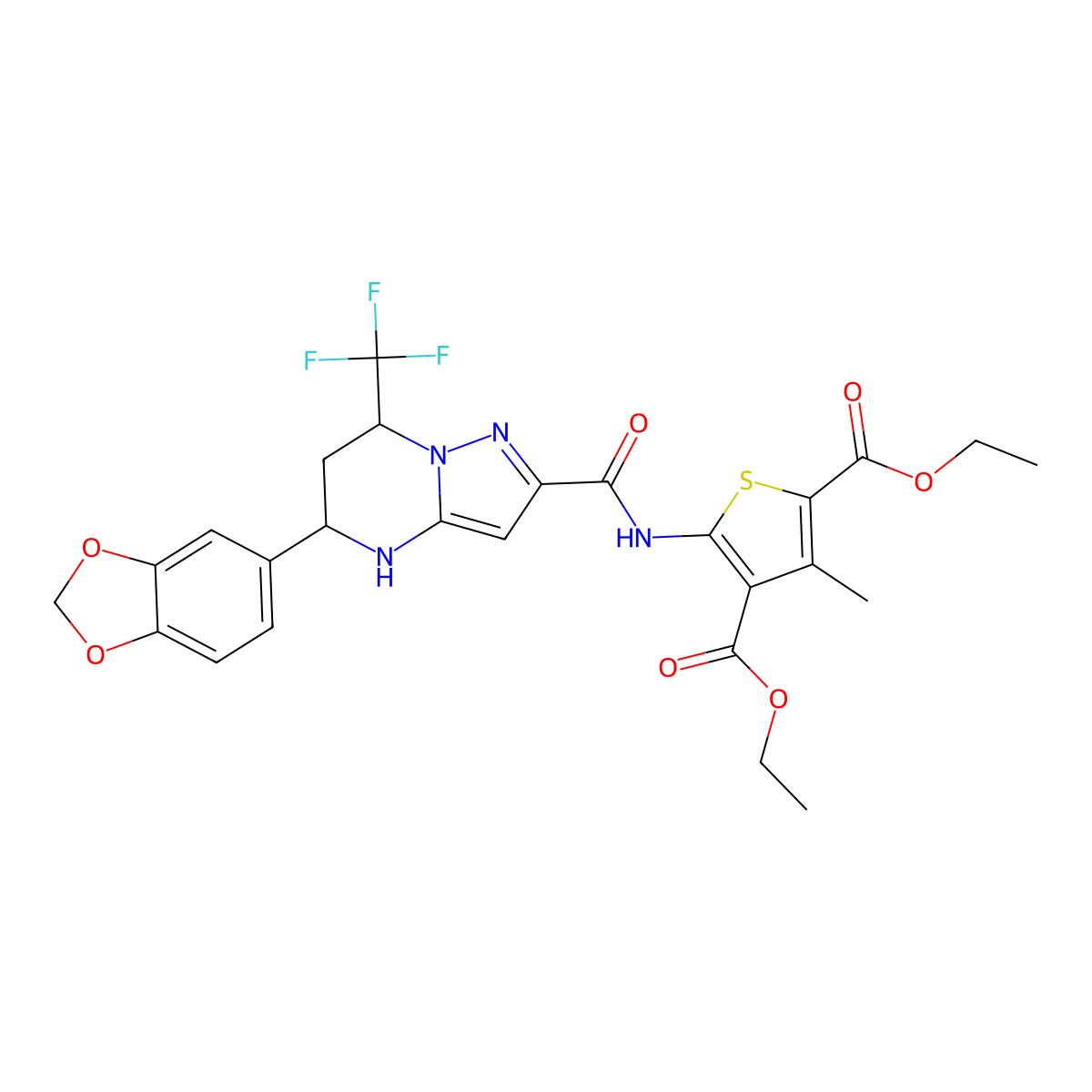 Diethyl 5-({[5-(1,3-benzodioxol-5-yl)-7-(trifluoromethyl)-4,5,6,7-tetrahydropyrazolo[1,5-a]pyrimidin-2-yl]carbonyl}amino)-3-methylthiophene-2,4-dicarboxylate molecular structure, CAS 351894-83-2