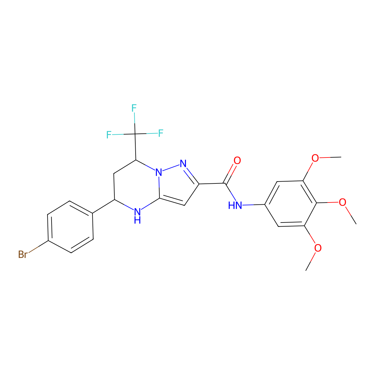 5-(4-bromophenyl)-7-(trifluoromethyl)-N-(3,4,5-trimethoxyphenyl)-4,5,6,7-tetrahydropyrazolo[1,5-a]pyrimidine-2-carboxamide molecular structure, CAS 351895-02-8
