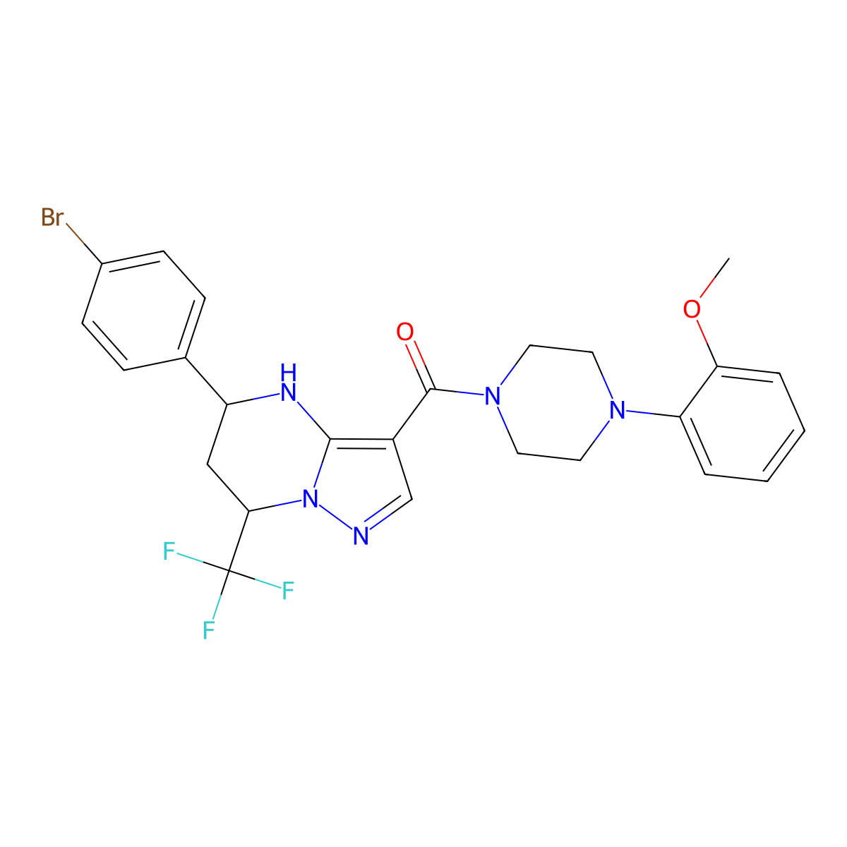 (5-(4-Bromophenyl)-7-(trifluoromethyl)-4,5,6,7-tetrahydropyrazolo[1,5-a]pyrimidin-3-yl)(4-(2-methoxyphenyl)piperazin-1-yl)methanone molecular structure, CAS 351895-11-9