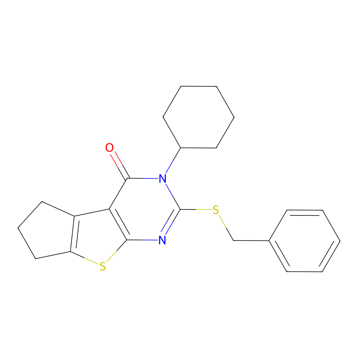 2-(benzylsulfanyl)-3-cyclohexyl-3,5,6,7-tetrahydro-4H-cyclopenta[4,5]thieno[2,3-d]pyrimidin-4-one molecular structure, CAS 351898-22-1
