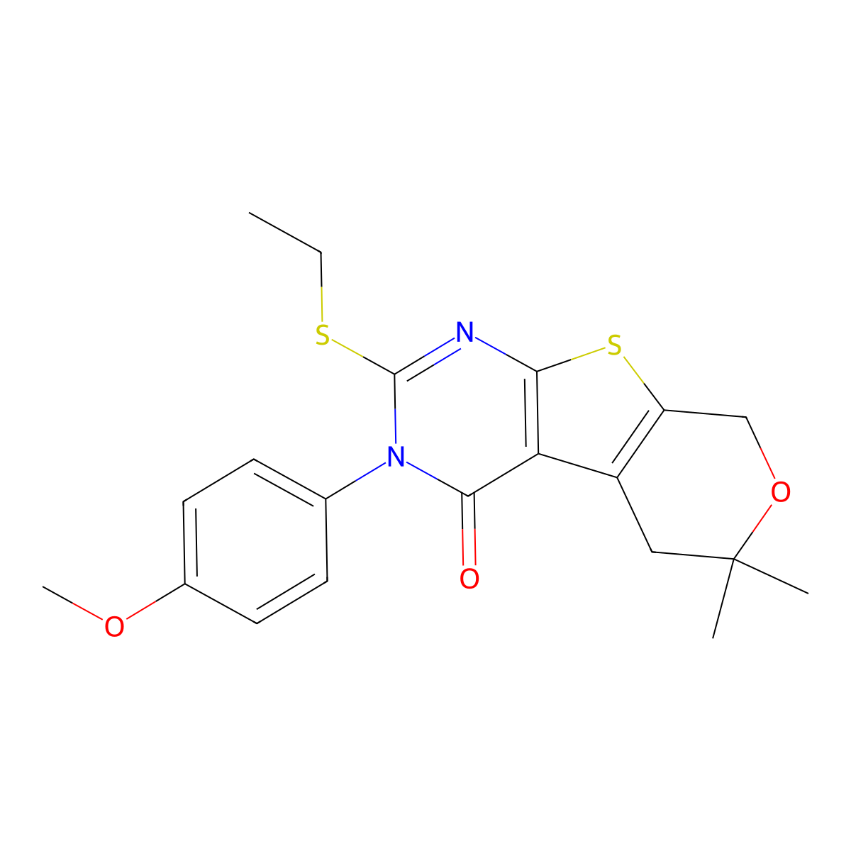 2-(ethylsulfanyl)-3-(4-methoxyphenyl)-6,6-dimethyl-3,5,6,8-tetrahydro-4H-pyrano[4',3':4,5]thieno[2,3-d]pyrimidin-4-one molecular structure, CAS 351898-24-3