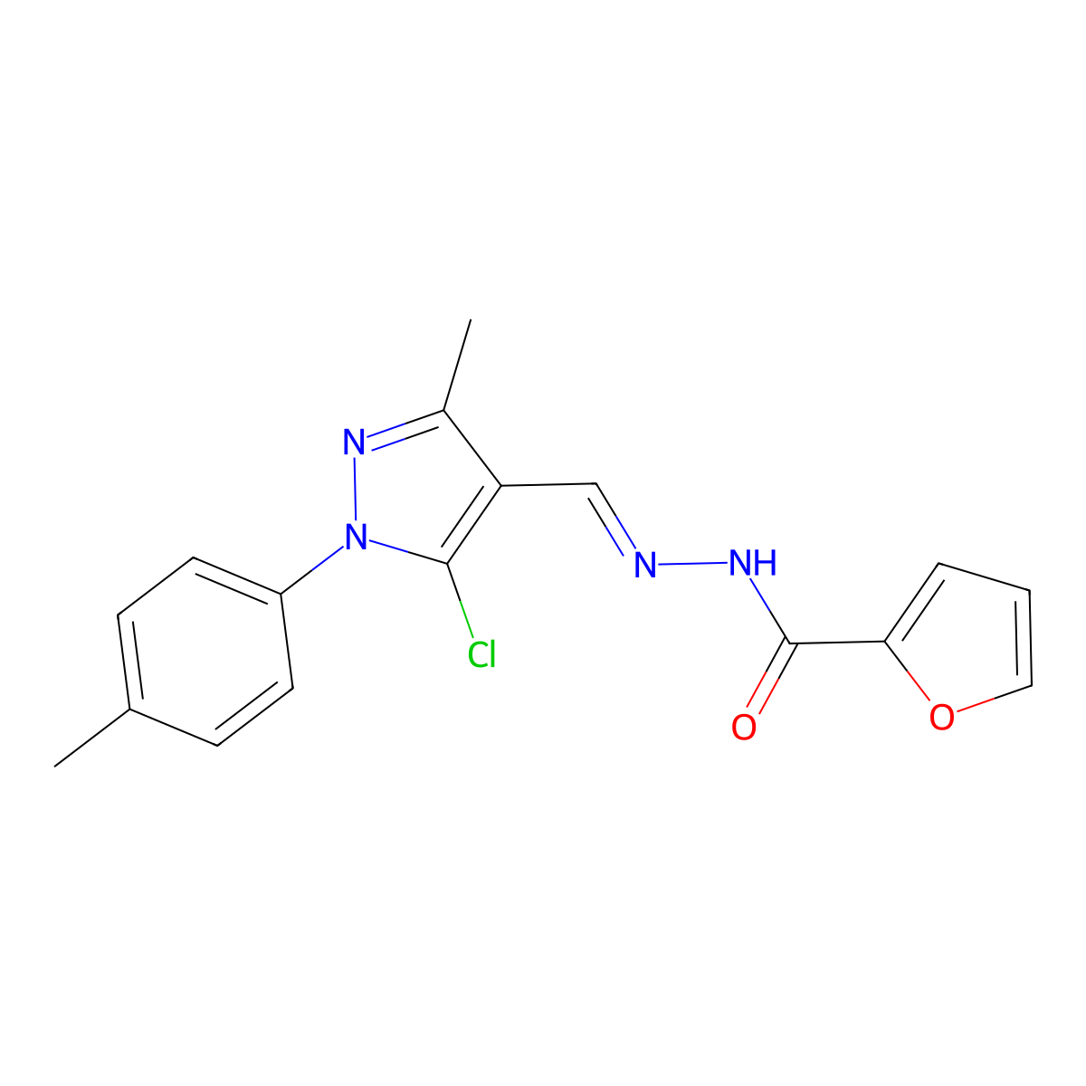 2-Furancarboxylic acid, 2-[[5-chloro-3-methyl-1-(4-methylphenyl)-1H-pyrazol-4-yl]methylene]hydrazide molecular structure, CAS 351983-38-5