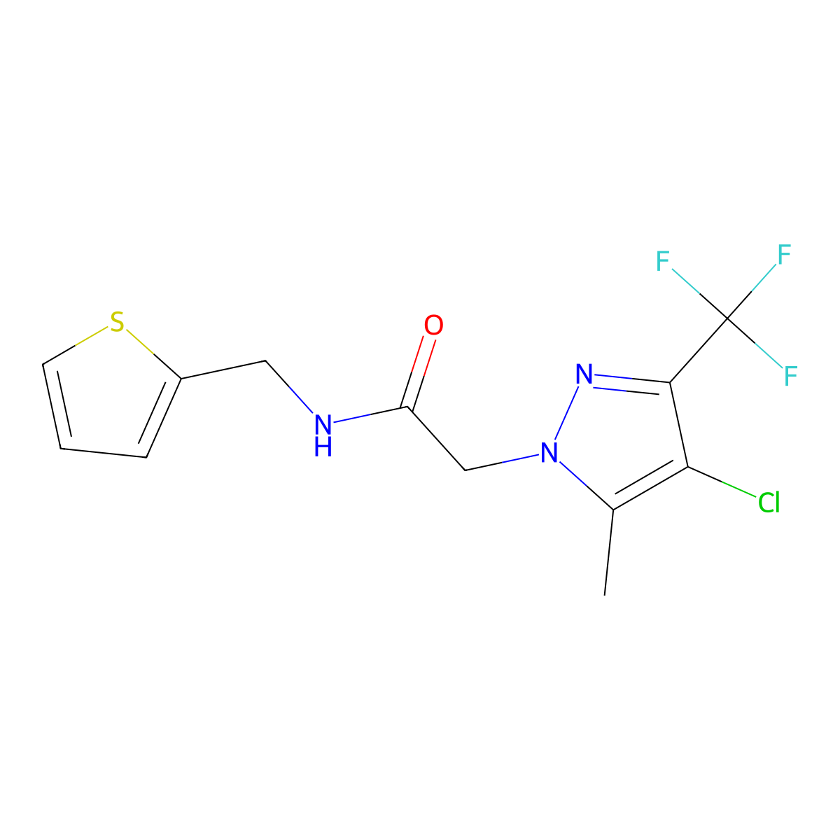 2-[4-chloro-5-methyl-3-(trifluoromethyl)pyrazol-1-yl]-N-(thiophen-2-ylmethyl)acetamide molecular structure, CAS 351987-22-9