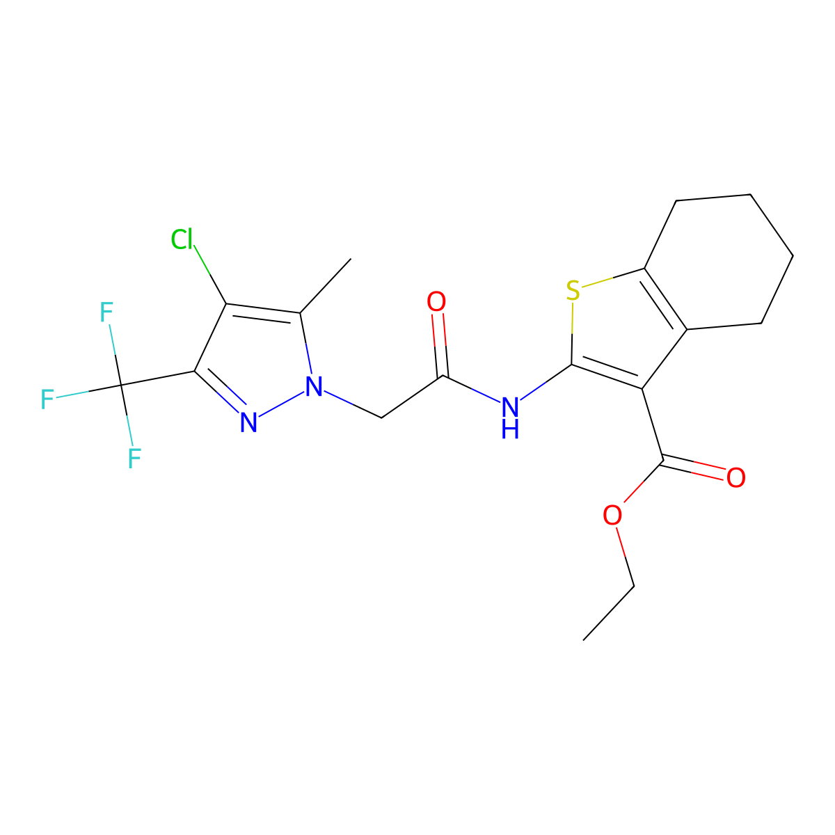 ethyl 2-({[4-chloro-5-methyl-3-(trifluoromethyl)-1H-pyrazol-1-yl]acetyl}amino)-4,5,6,7-tetrahydro-1-benzothiophene-3-carboxylate molecular structure, CAS 351987-79-6