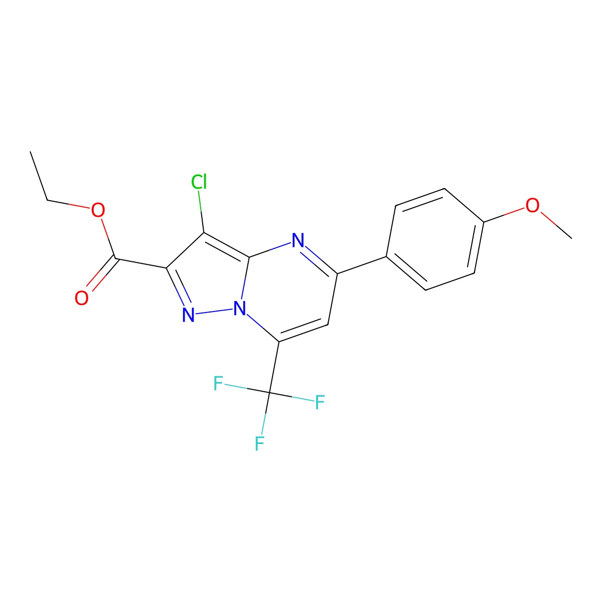 Ethyl 3-chloro-5-(4-methoxyphenyl)-7-(trifluoromethyl)pyrazolo[1,5-a]pyrimidine-2-carboxylate molecular structure, CAS 351988-49-3
