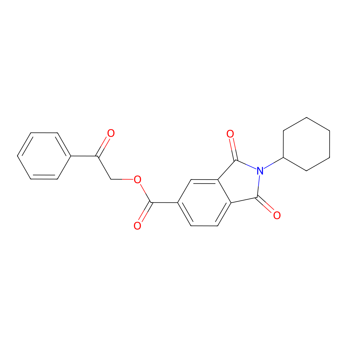 2-oxo-2-phenylethyl 2-cyclohexyl-1,3-dioxo-2,3-dihydro-1H-isoindole-5-carboxylate molecular structure, CAS 351993-72-1